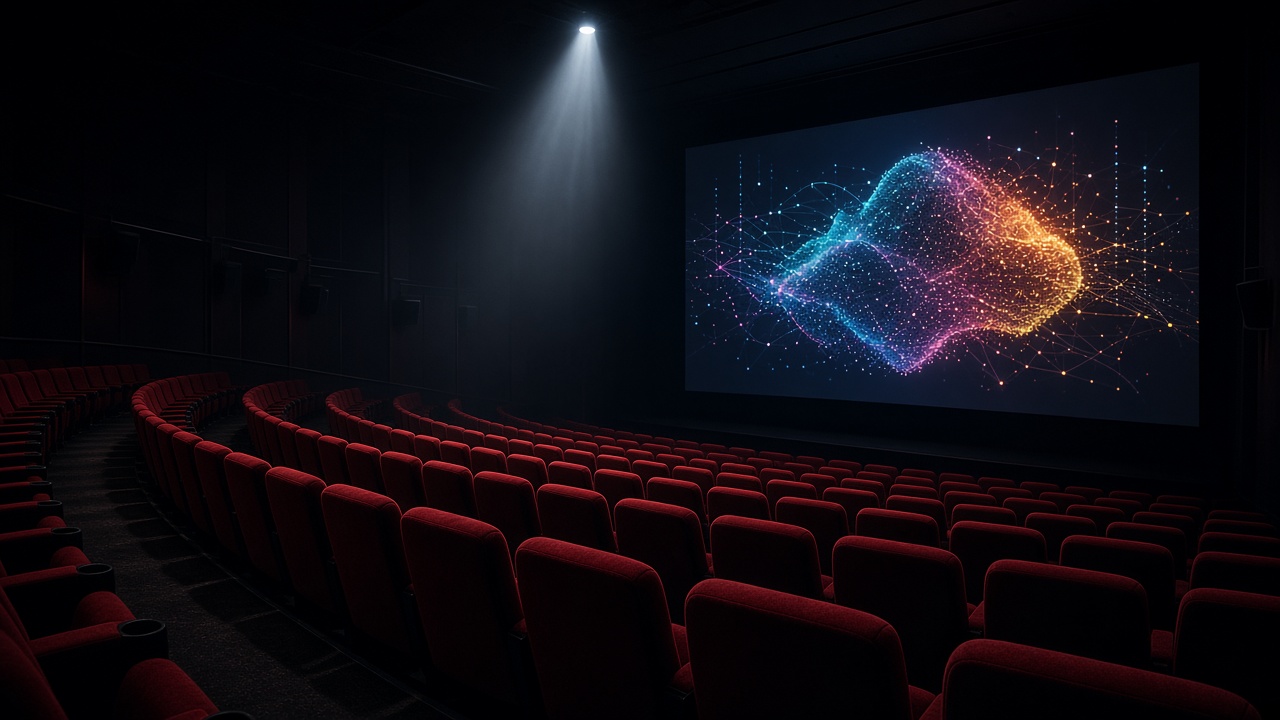 Cinema auditorium with abstract analytics on the main screen