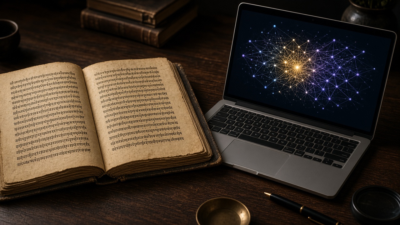 Sanskrit manuscripts beside a laptop showing a neural network visualization