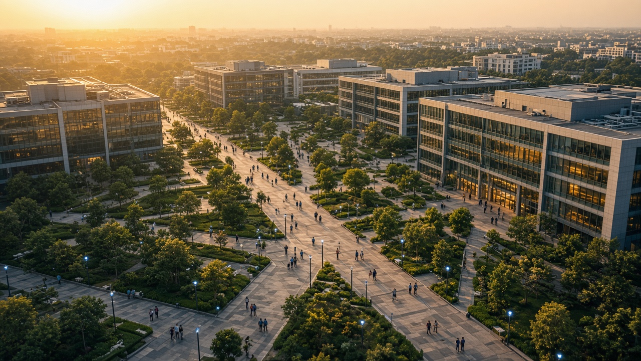 Large technology campus with IoT-style sensor nodes at dusk